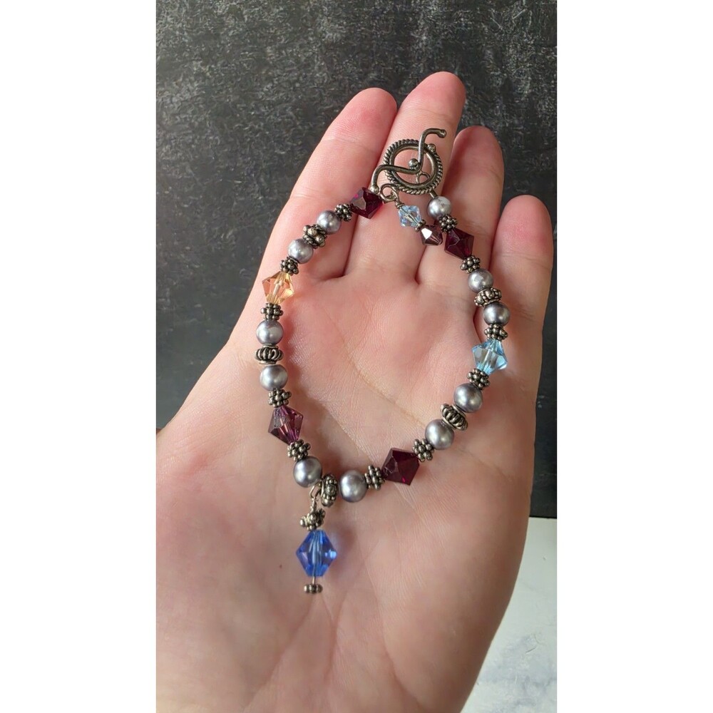 Glass & Faux Pearl Beaded Bracelet Silver Tone Metal Toggle Clasp Vintage READ